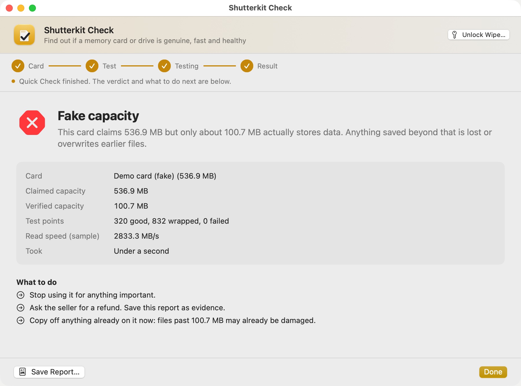 Shutterkit Check's verdict on a simulated fake card: it claims 536.9 MB but only about 100.7 MB stores data.
