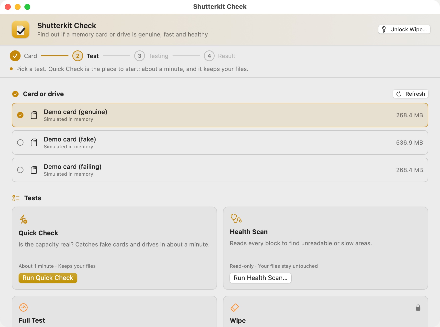 Check's home screen with a card selected and its four tests: Quick Check, Health Scan, Full Test and Wipe.