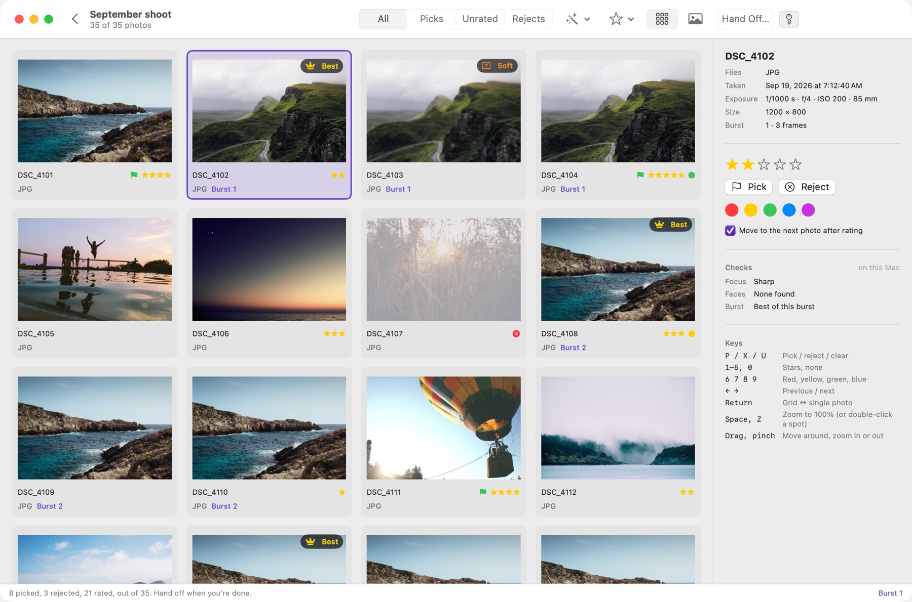 Shutterkit Cull's grid: a shoot with stars, picks and a Best of burst badge, and the selected photo's details and checks.