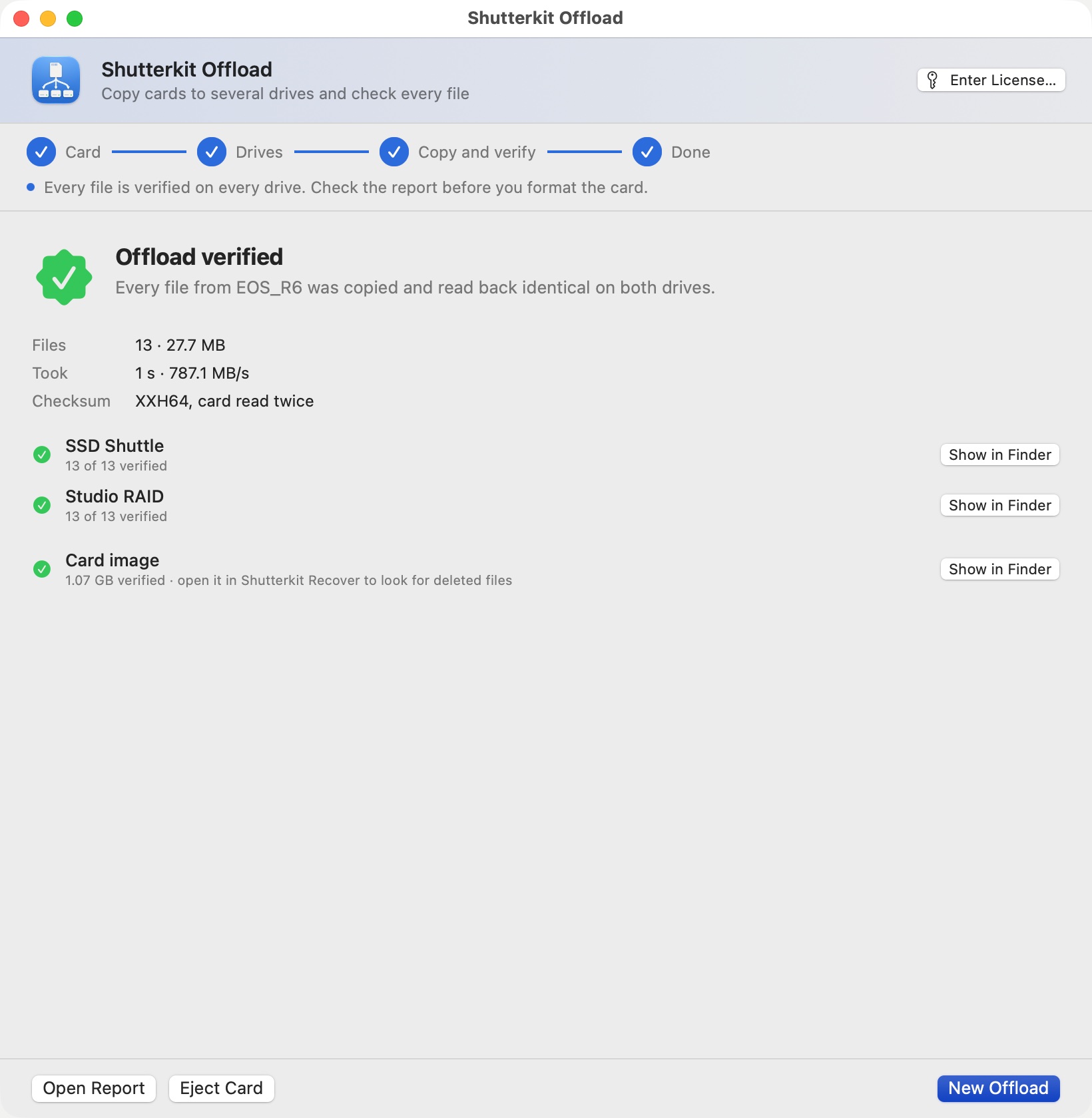 Offload verified: every file copied and read back identical on both drives, plus a verified card image.