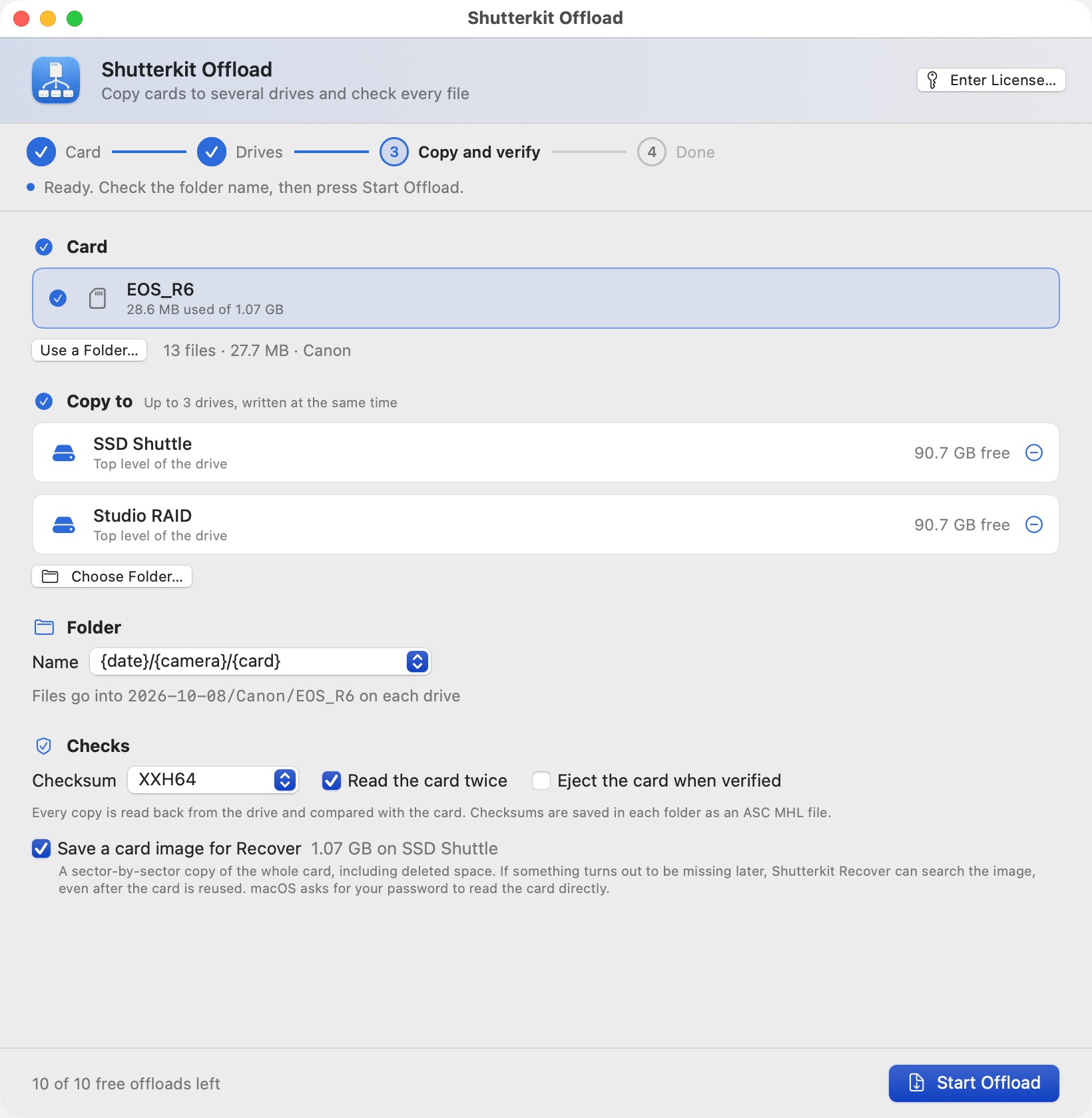 Shutterkit Offload set up to copy a Canon card to two drives, SSD Shuttle and Studio RAID, with a card image for Recover.