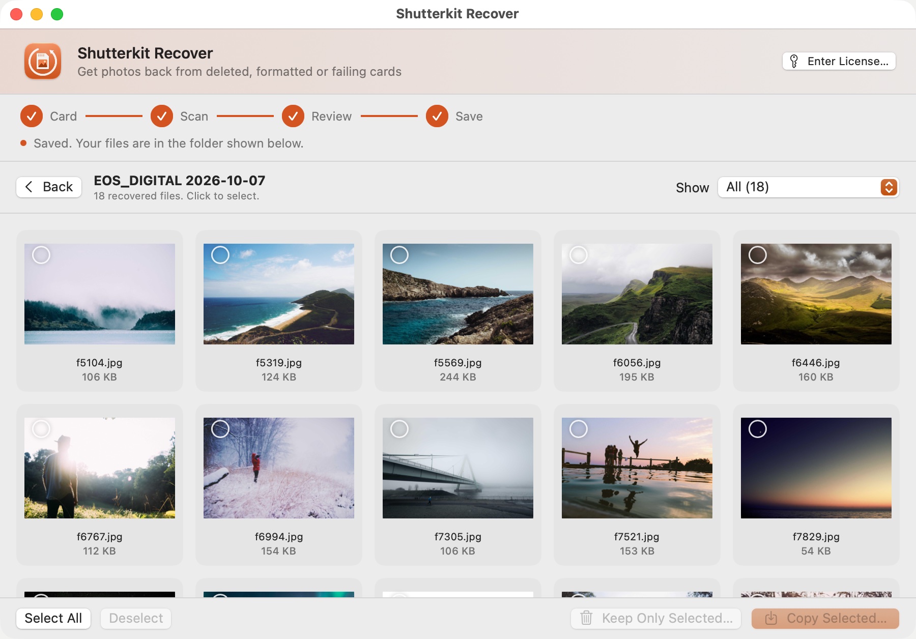 Shutterkit Recover's file browser showing 18 photos recovered from a formatted card.