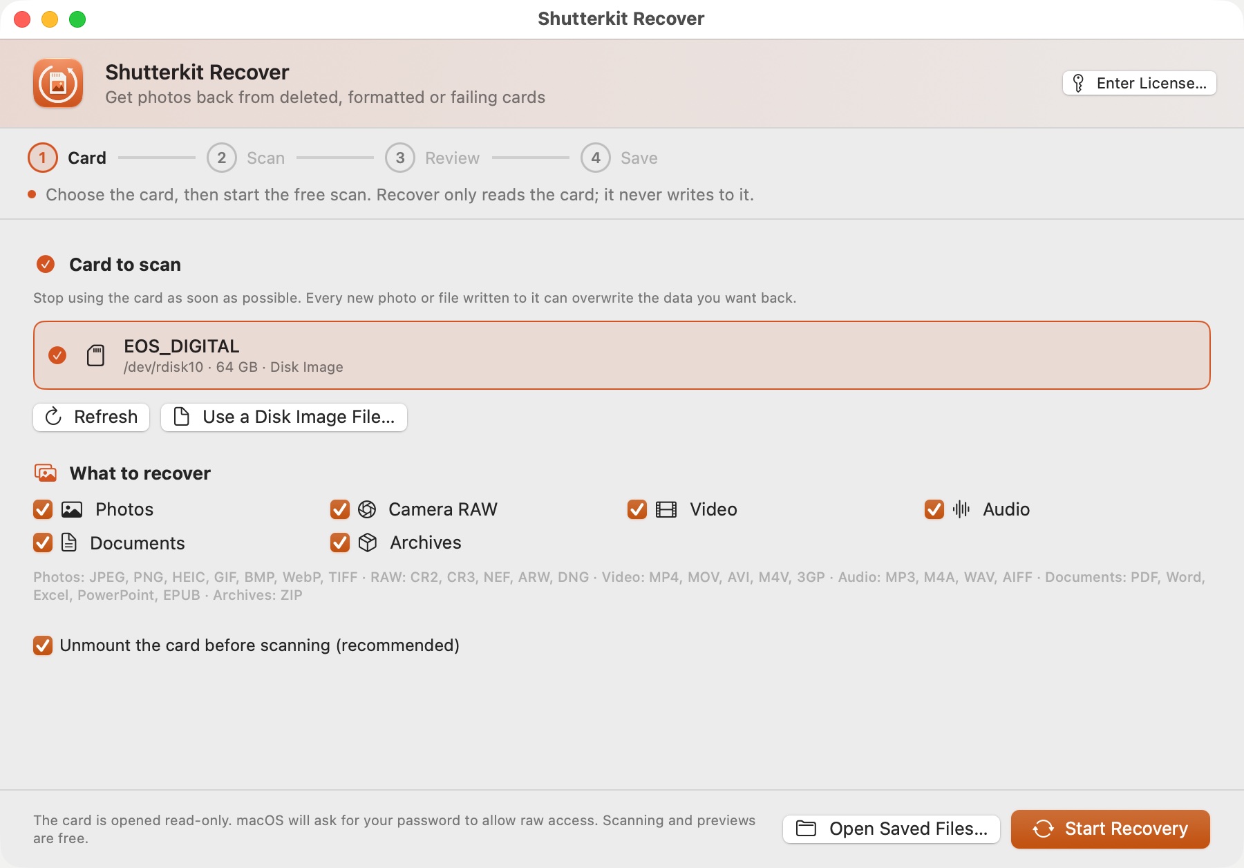 Recover's setup screen: choose the card, the file types and where to save.